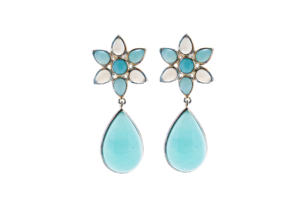 Flower Design Drop Earrings in Amazonite and Grey Agate Cabochon