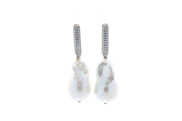 Large White Fresh Water Baroque Pearl with Pave CZ pin setting