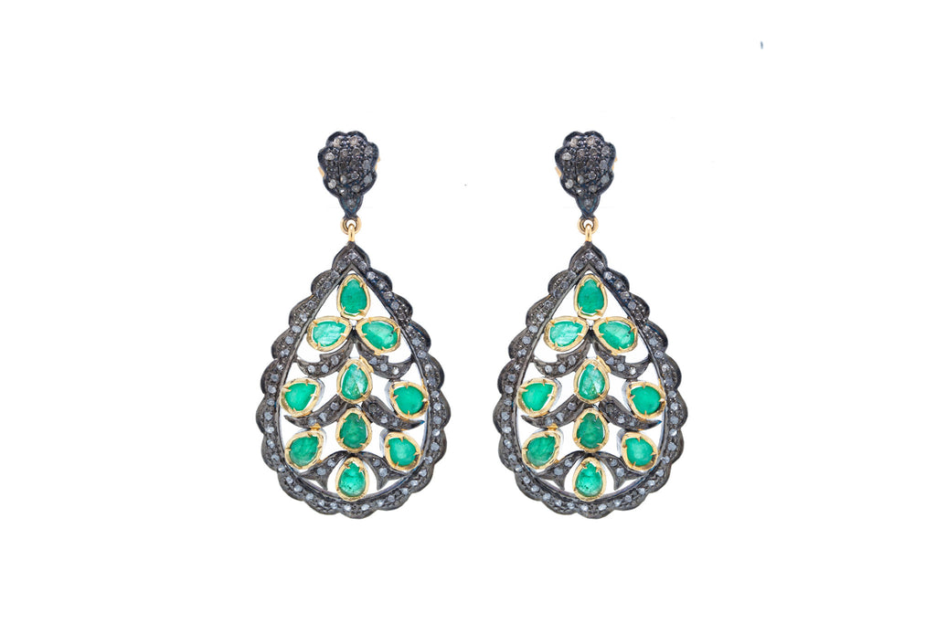 Emerald and Diamond Earring on 925 Silver with Black Rhodium and 18K Yellow Gold Finish