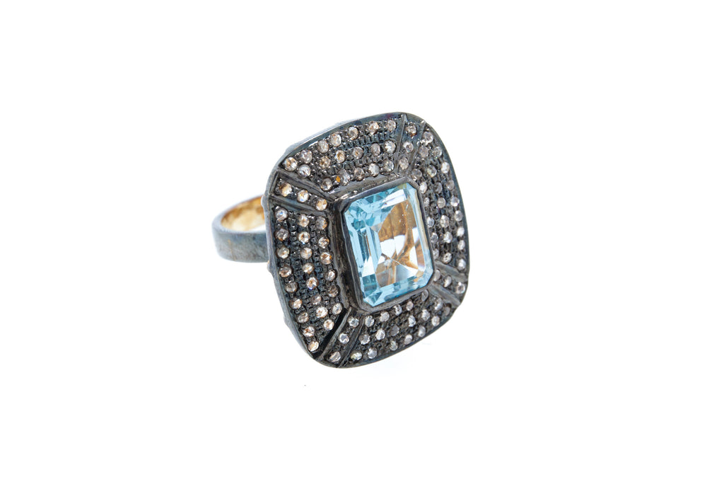 Blue Topaz with Diamond on 925 Silver with Black Rhodium