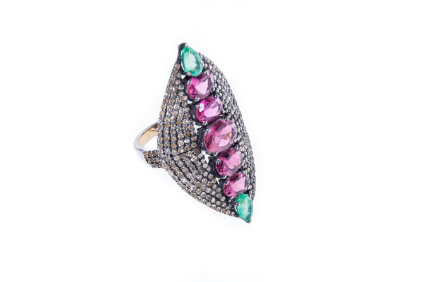 Pink Tourmaline and Emerald with Diamonds on 925 Silver with Rhodium