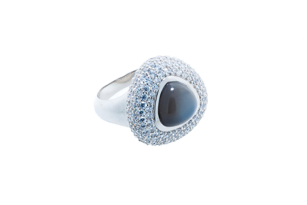 Charcoal Cabochon Moonstone with CZ on 18K White Gold Finish
